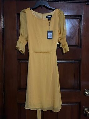 DKNY Mustard Yellow Midi Dress with Puff Sleeves
